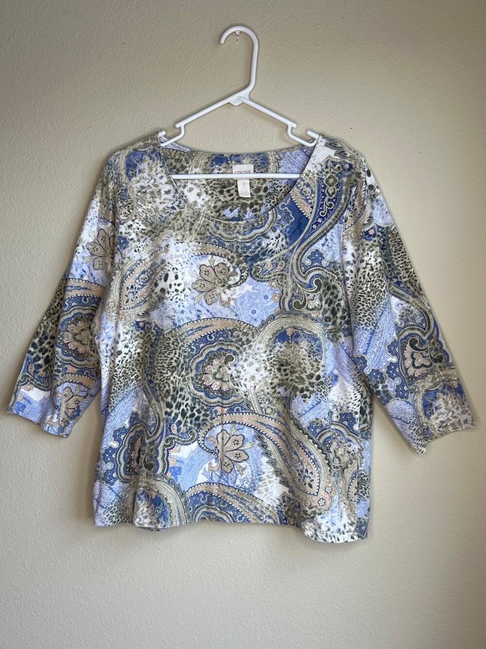 Chico's Blue Paisley Cheetah Animal Print 3/4 Sleeve Top Size 3 XL Transition